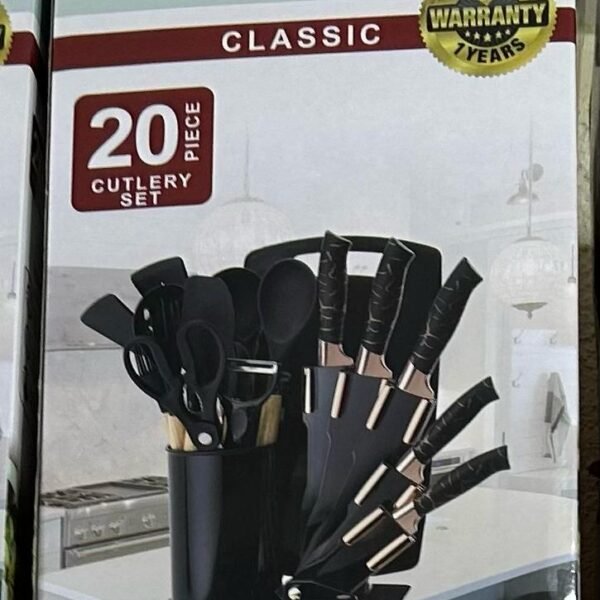 20-piece classic cutlery set. Knives, Scissors, and Kitchen Utensils with a black holder.