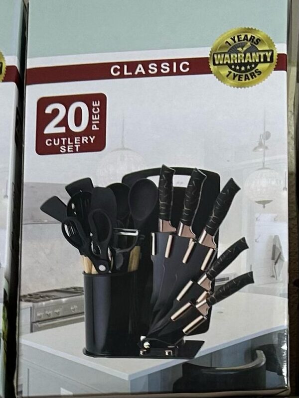 20-piece classic cutlery set. Knives, Scissors, and Kitchen Utensils with a black holder. - Image 2