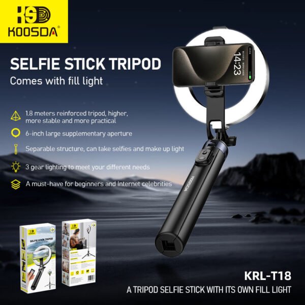 KOOSDA KRL-T18 Tripod Selfie Stick With Ring Light