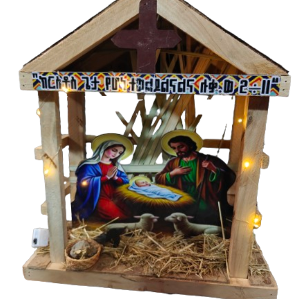Wooden Nativity House with light.
