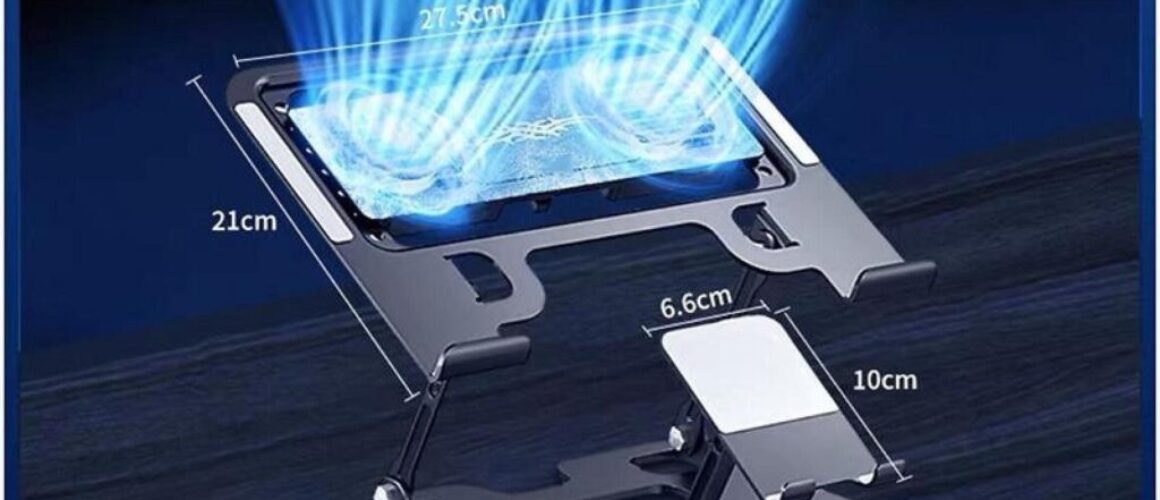 Black All-Carbon Steel Adjustable Laptop & Phone Dual Stand with Dual Turbine Cooling Fan – 2-in-1 Laptop Holder with Active Cooling for Heat Dissipation