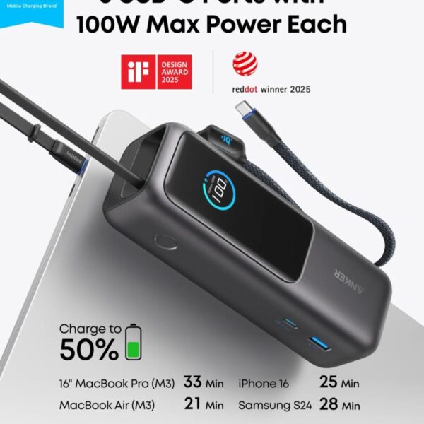Anker Laptop Power Bank (Original) (25000mAh, 165W) with Built-In & Retractable Cables - Black