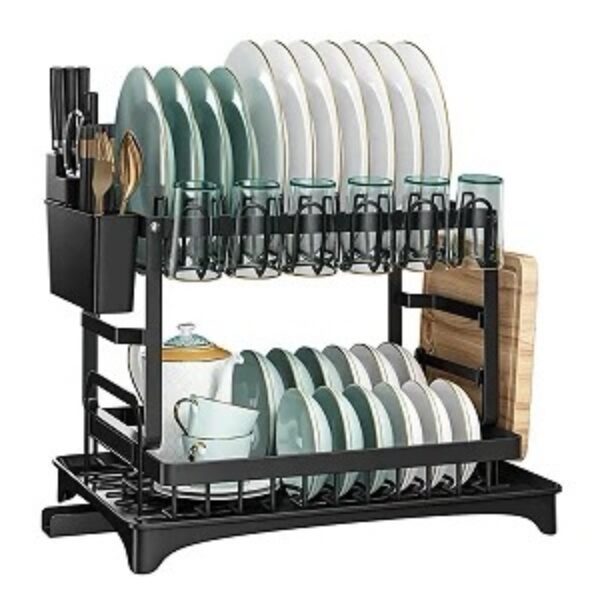 Premium 2-Tier Stainless Steel Dish Drying Rack Organizer with 360° Drainage Board & Utensil Holder – Black