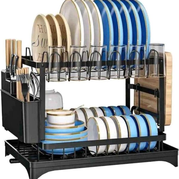 Premium 2-Tier Stainless Steel Dish Drying Rack Organizer with 360° Drainage Board & Utensil Holder – Black