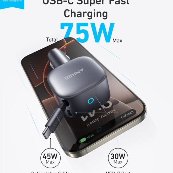 Anker Nano 75W Fast Car Charger with Built-In Retractable USB-C Cable (Model A2738)