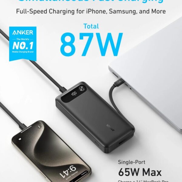 Anker 65W Two-Way Power Bank with Built-In Cable (20,000mAh, 87W Total Output) – Original